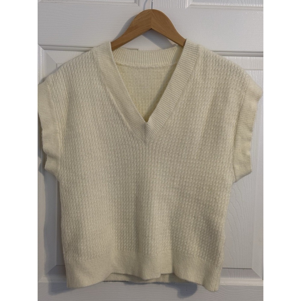 J. ING  Ivory Ribbed Knit V-Neck Short Sleeve Pullover Sweater Size 10/12 M/L